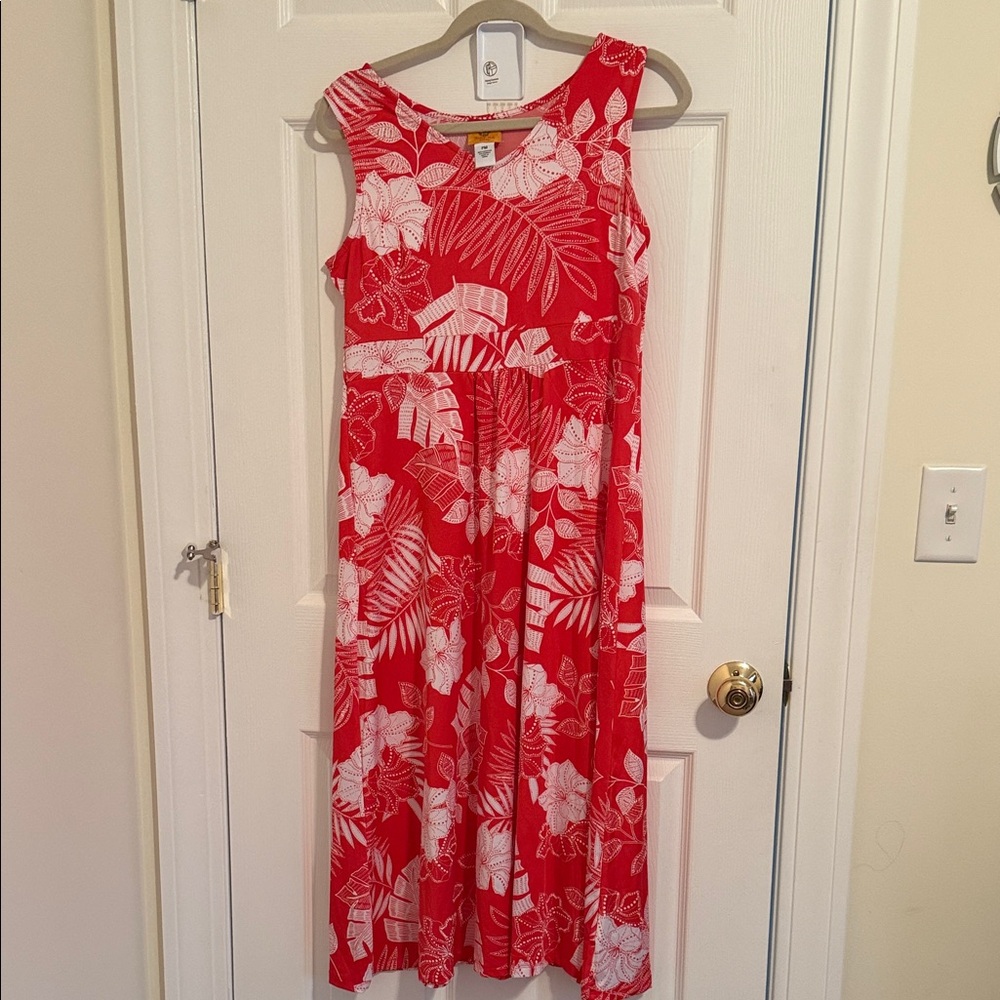 Reel Legends Red and White Tropical Print Sleeveless Midi Dress